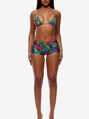 Floral Halter String Bikini Set - Blue with Red & Green